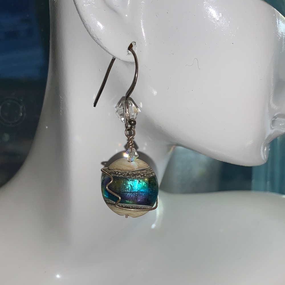 Elegant Iridescent hand made glass beads and sterling silver Drop Earrings